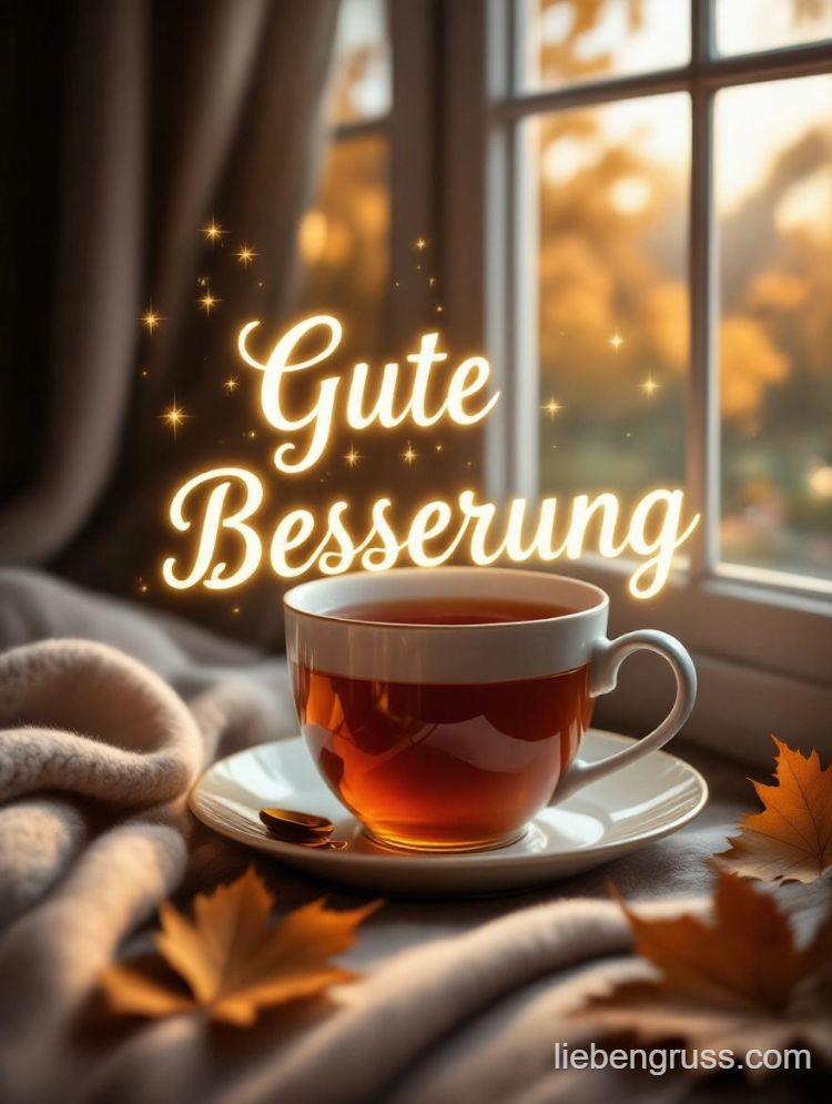 Weißer Tassenbecher mit dunklem Tee und Herbstwunsch