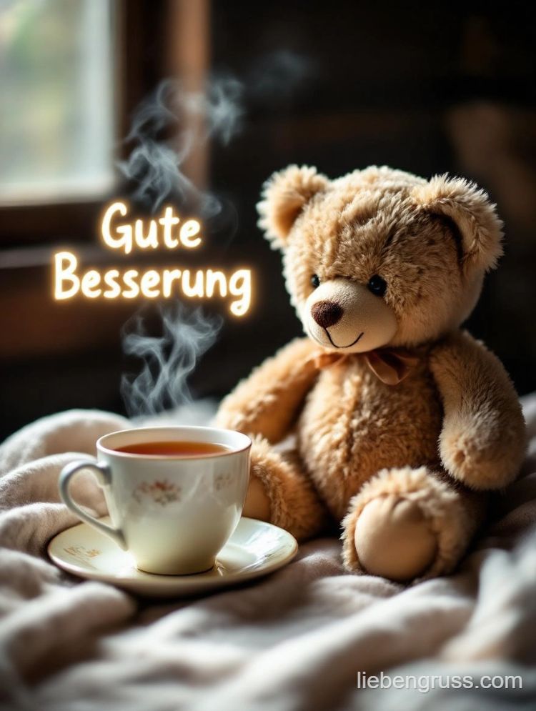 Plüschteddy mit Tee und 'Gute Besserung'-Text