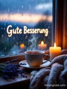 ** Regenfenster mit 'Gute Besserung' und warmem Licht