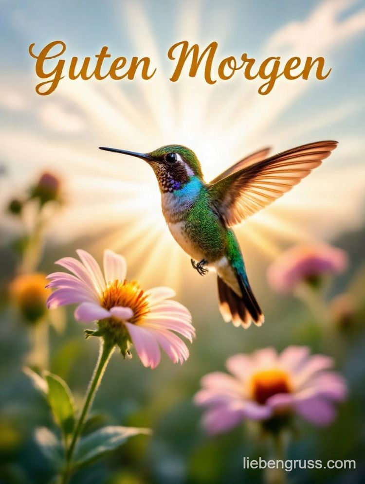 Kolibri fliegt vor Sonnenaufgang mit pinken Blumen