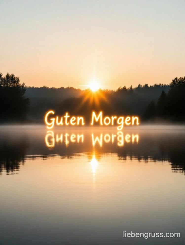 Sonnenaufgang über See mit Nebel und Wald. Text: Guten Morgen, Guten Worgen
