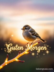 Kleiner Vogel auf glühendem Ast mit Sonnenaufgang und Guten Morgen