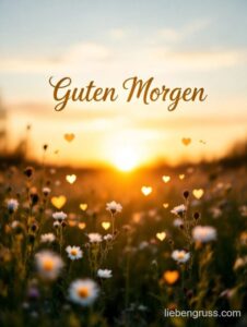 Sonniger Morgen mit blühenden Margeriten und fliegenden Herzen