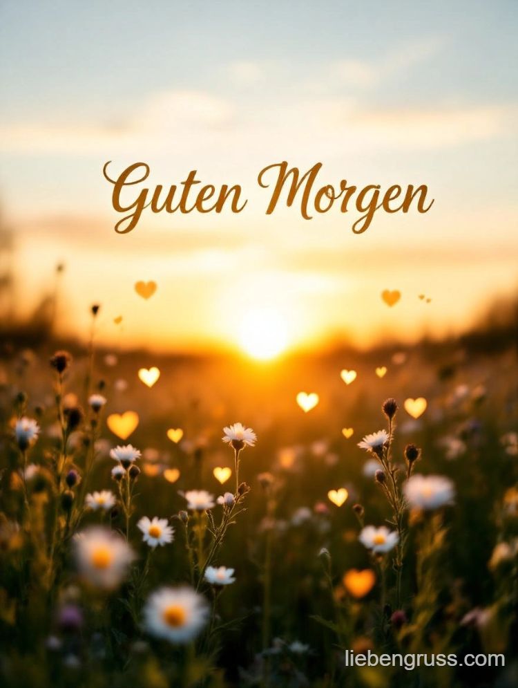 Sonniger Morgen mit blühenden Margeriten und fliegenden Herzen