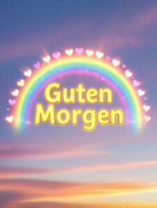 Farbiger Regenbogen und Herzen mit Guten Morgen