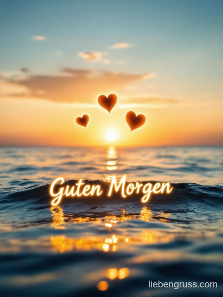 Sonnenaufgang über dem Meer mit Herzen und „Guten Morgen“