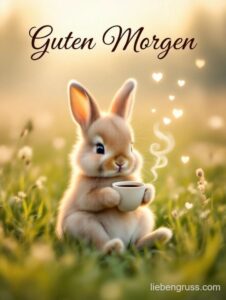 Flauschiges Kaninchen mit Kaffee, Herzen und Guten Morgen