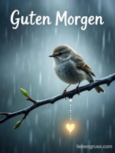 Vogel auf regennassen Ast, Herz-Tropfen, Guten Morgen