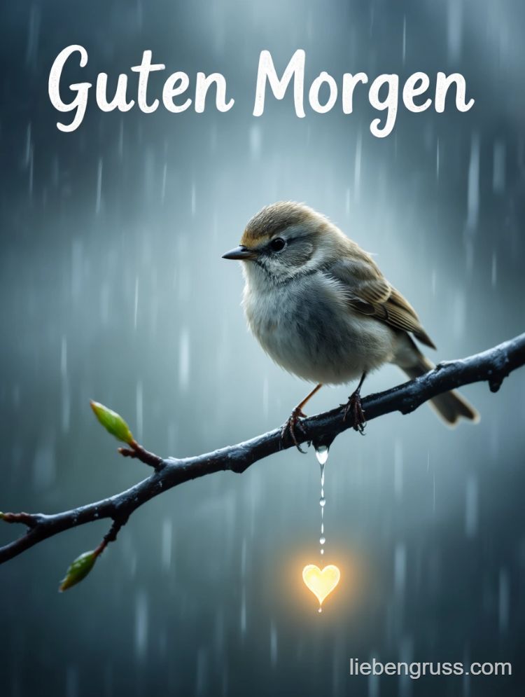 Vogel auf regennassen Ast, Herz-Tropfen, Guten Morgen