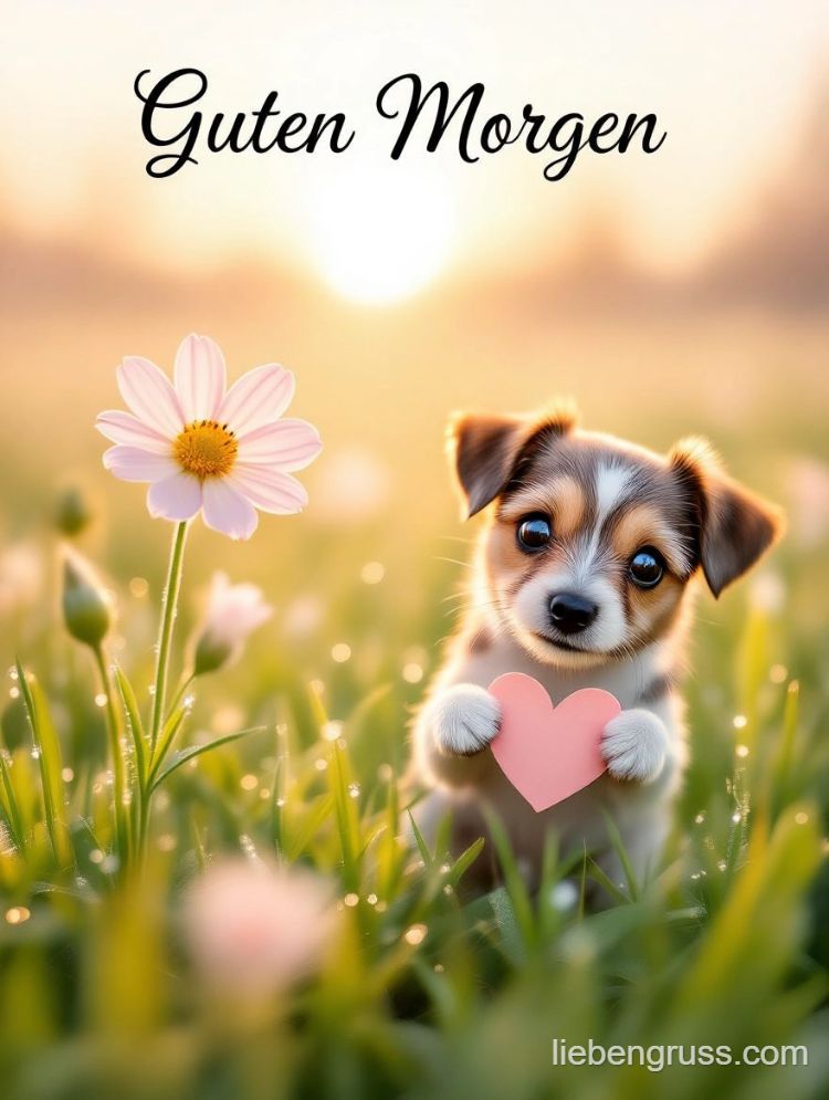 Hund mit Herz, Kornblume und Guten Morgen
