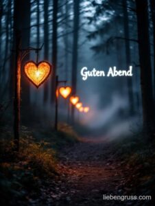 Dunkler Waldweg mit herzförmigen Laterne in Dämmerung