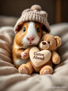 Meerschweinchen umarmt Teddybär mit Guten Abend-Kissen