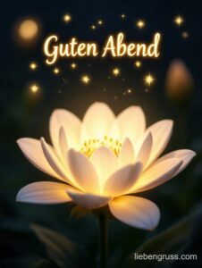Weiße Lotusblüte mit goldenem Zentrum und Sternen. Guten Abend.