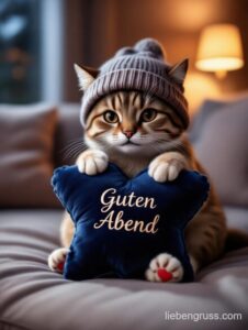 Streifiger Kater mit Herzkissen und Strickmütze