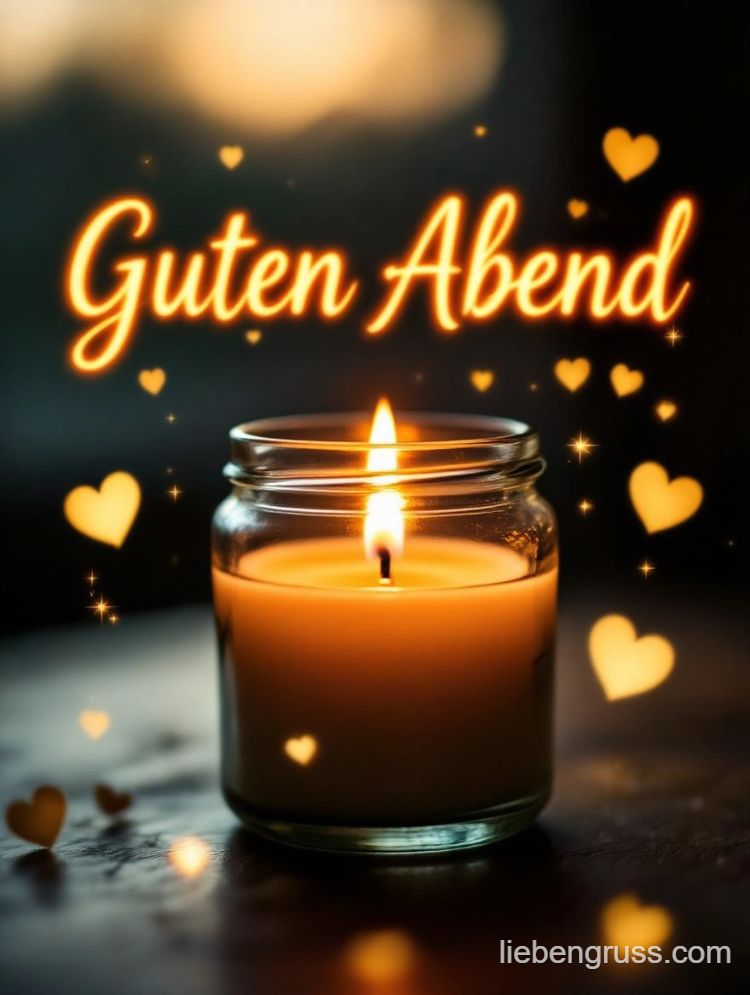 Brennende Kerze in Glasbehälter, warmes Licht und 'Guten Abend'-Text