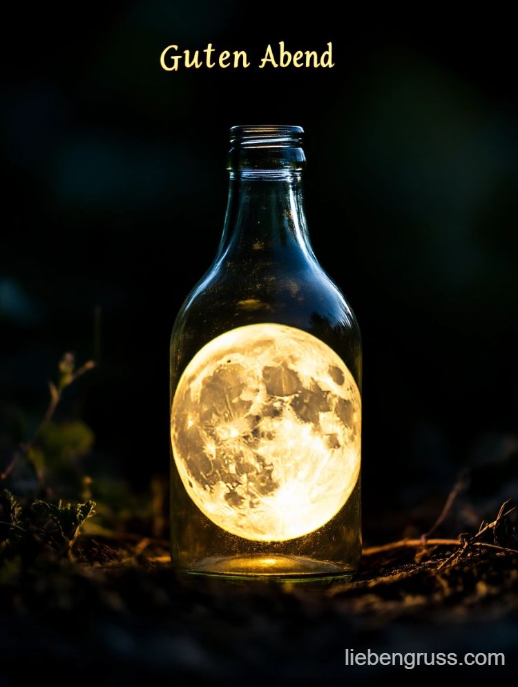 Glasflasche mit Mond und Guten Abend-Gruß
