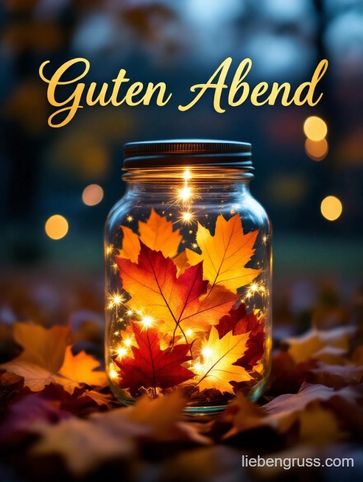 Glasgefäß mit Herbstblättern und Guten Abend
