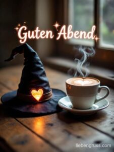 Schwarzer Hexenhut mit glühendem Herz und Kaffee