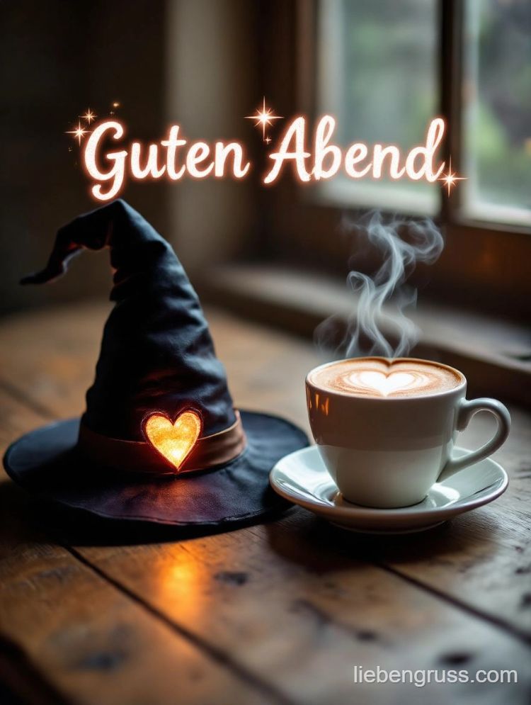 Schwarzer Hexenhut mit glühendem Herz und Kaffee