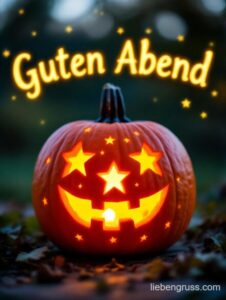 Orange Kürbis mit Stern-Gesicht, Kerze und 'Guten Abend'