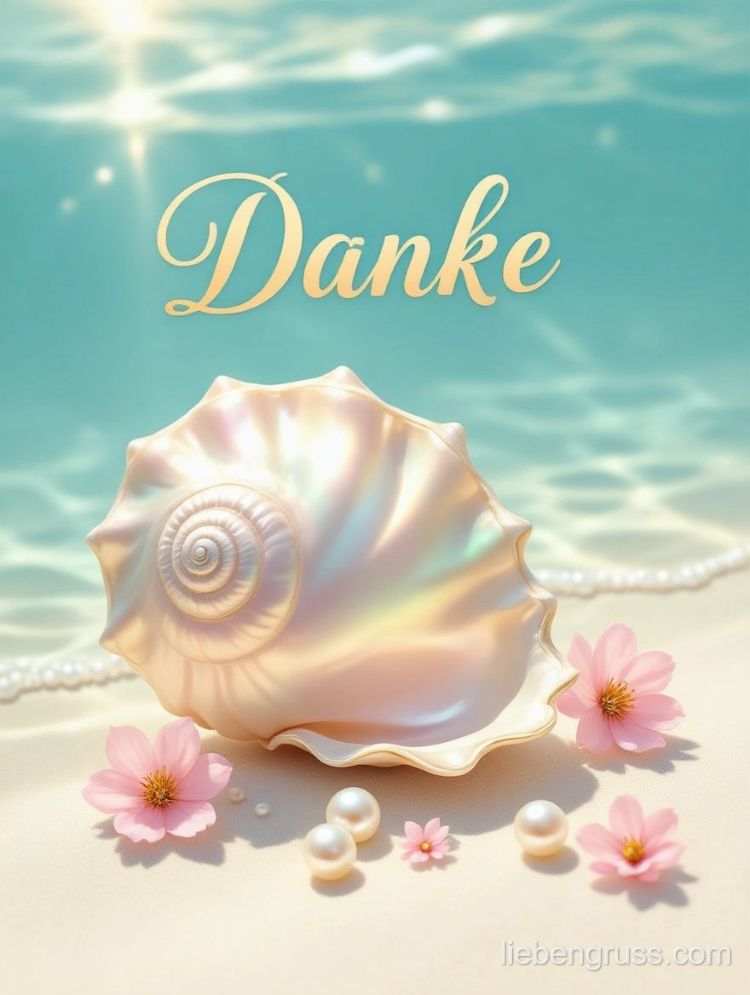Glanzende Muschel mit Danke-Text am Meer