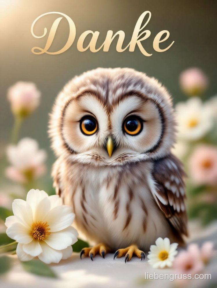Eulenbaby auf Blüten mit Danke-Text