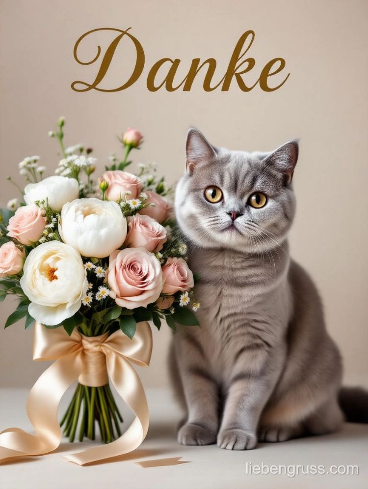 Grauer Kater neben Blumenstrauß mit Danke-Text