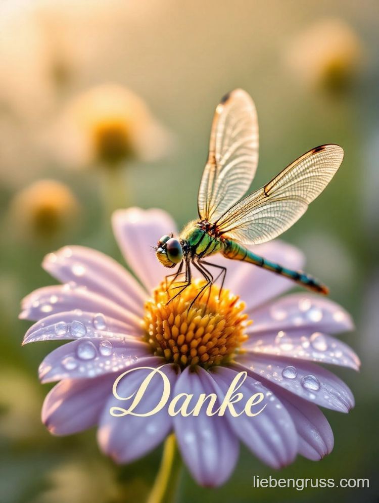 Grüne Libelle auf lila Blume mit Danke-Text