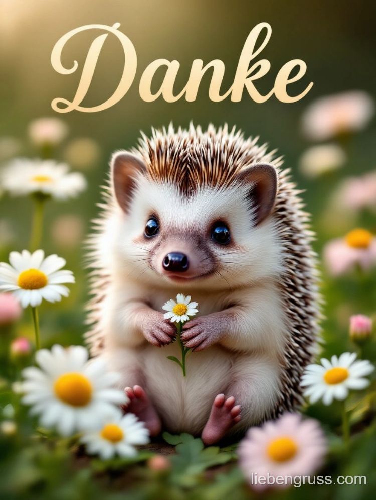 Igel hält Gänseblümchen, umgeben von Gänseblümchen und 'Danke' in Gold