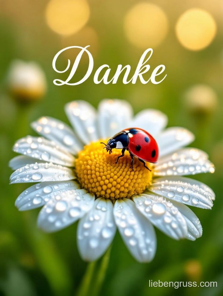 Weiße Gänseblümchen mit Danke, Ladybug und Tropfen