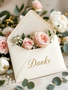 Cremefarbenes Umschlag mit goldenem Danke und Blumen