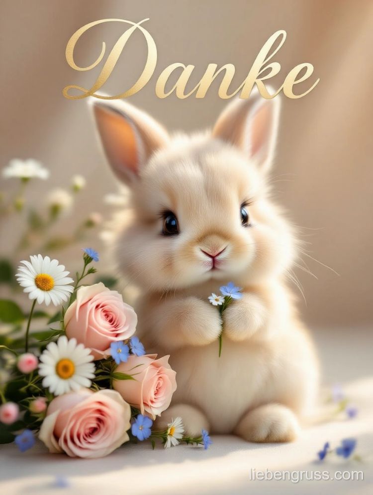 Flauschiges Kaninchen hält Blume, umgeben von Rosen und Margeriten, mit goldener „Danke“-Aufschrift.