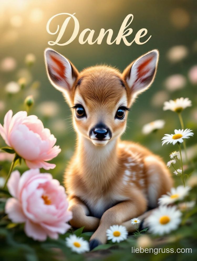Rehkitz mit Blumen und Danke-Text