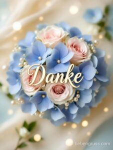 Blumenstrauß mit Rosen und Hortensien, goldene Dankesbotschaft