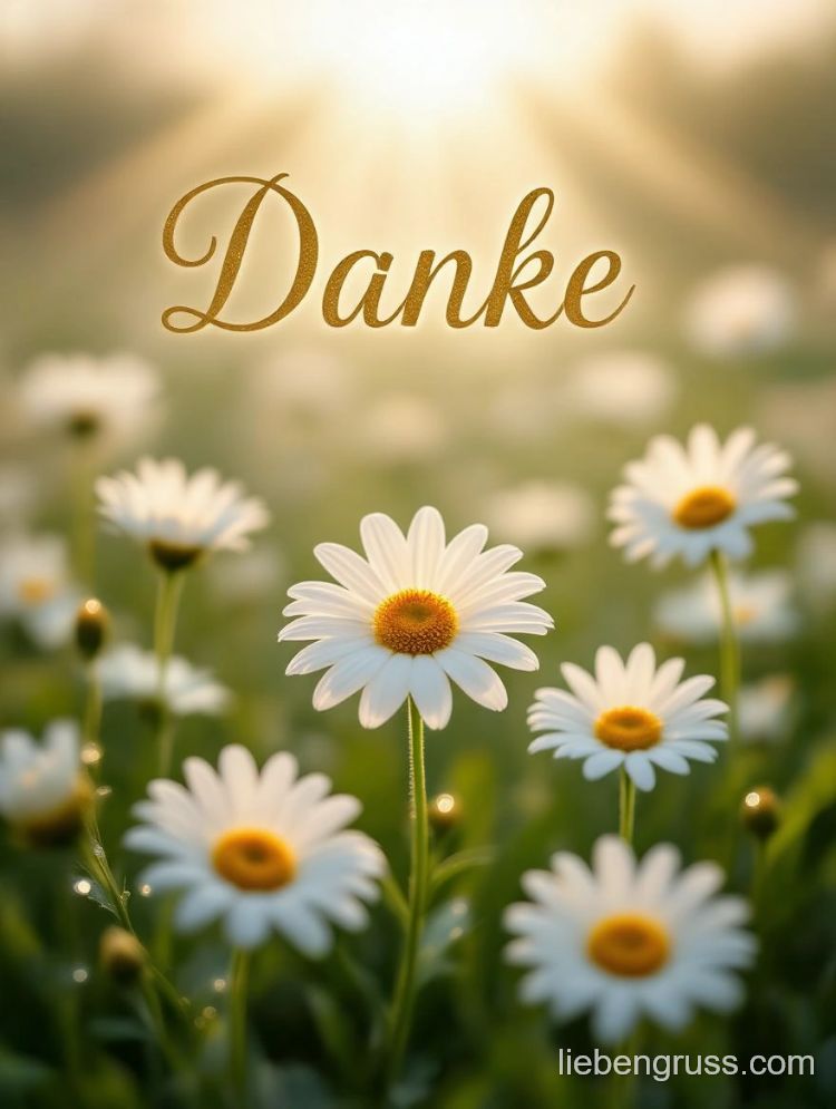 Feld mit weißen Gänseblümchen und „Danke“-Schriftzug im Sonnenlicht