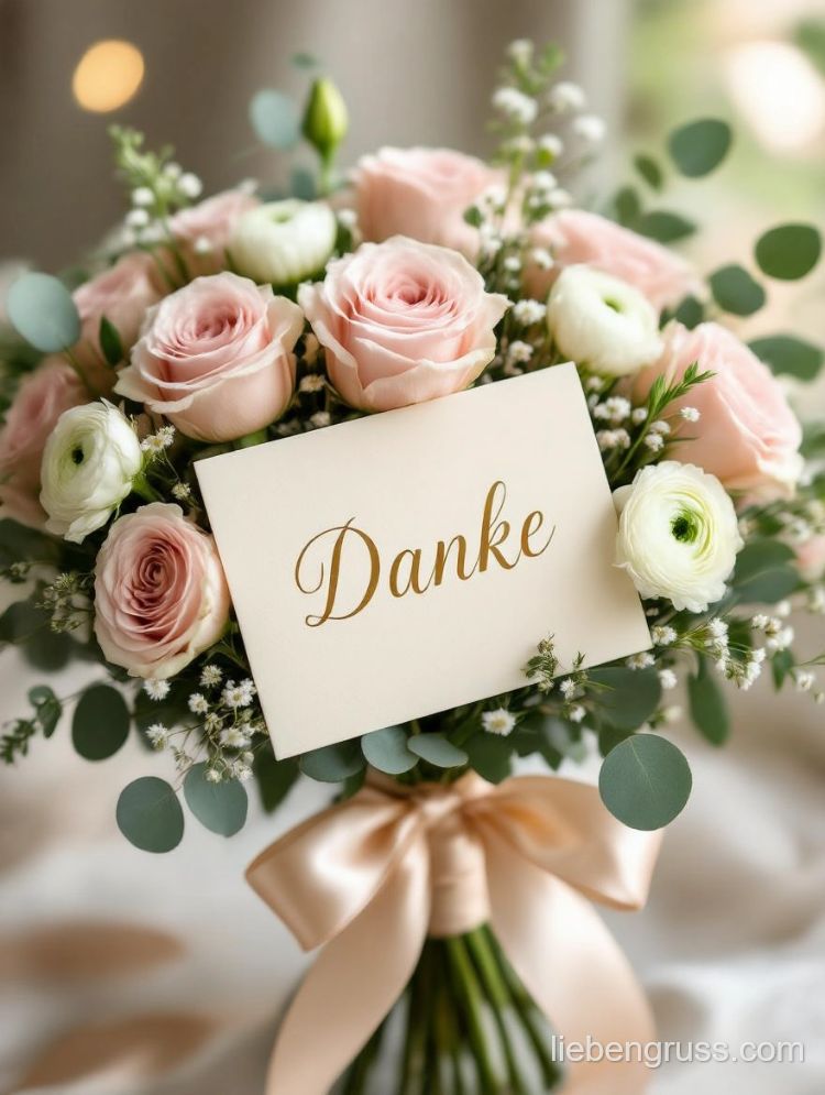 Blumenstrauß mit Rosen, Ranunkeln und Eukalyptus, Mitte: Danke-Karte