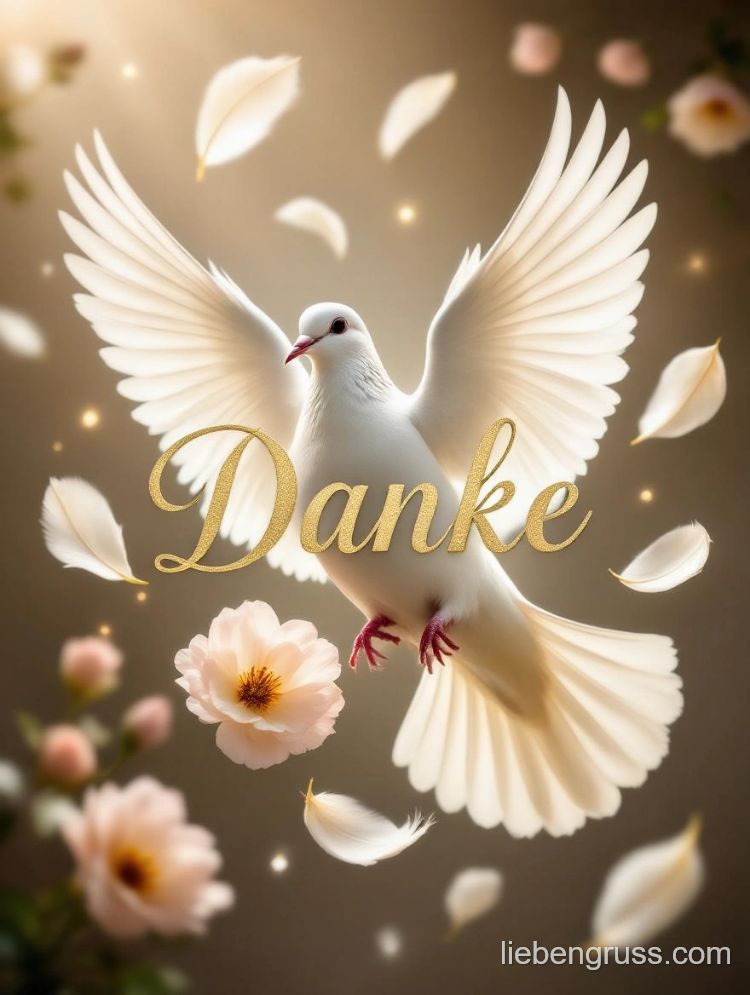 Weiße Taube fliegt zwischen Federn und Blüten, „Danke“ in Gold darüber.