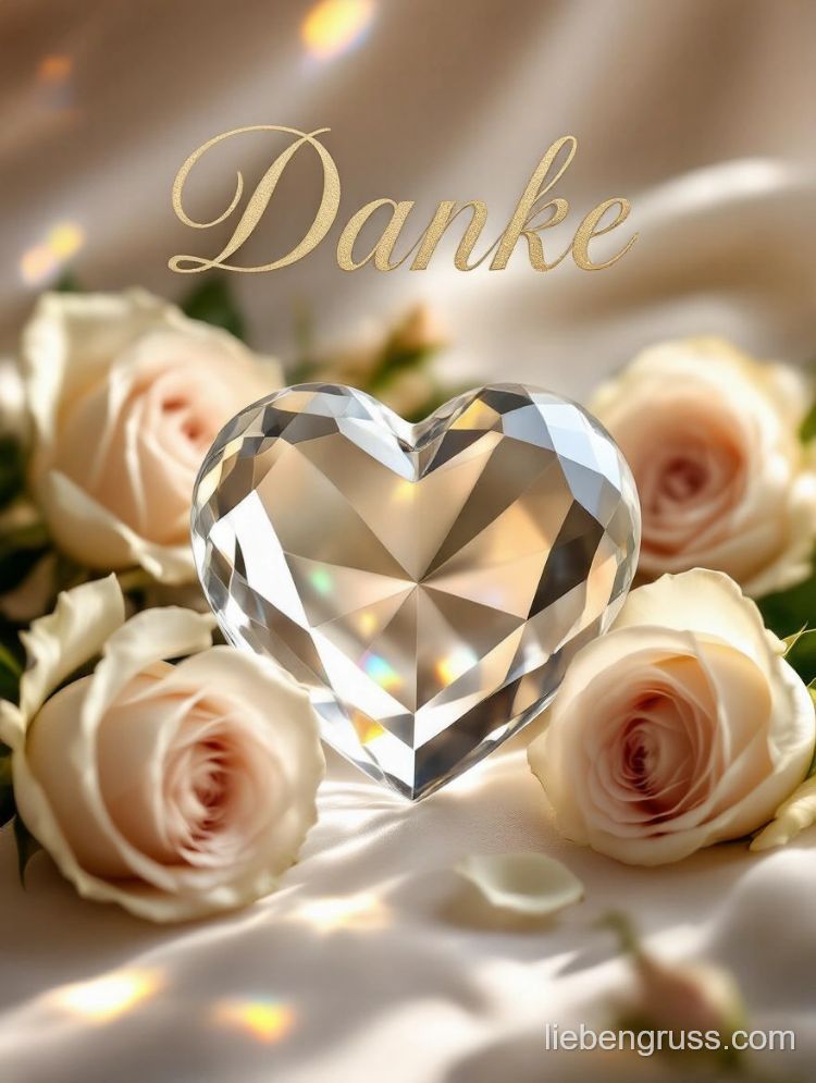 Diamant in Herzform liegt auf Rosen, goldene „Danke“-Aufschrift.