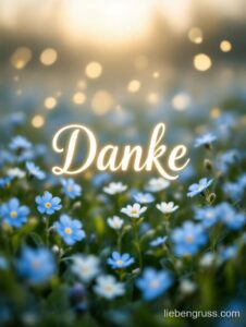 Blaues Blumenfeld mit Danke in Sonnenlicht