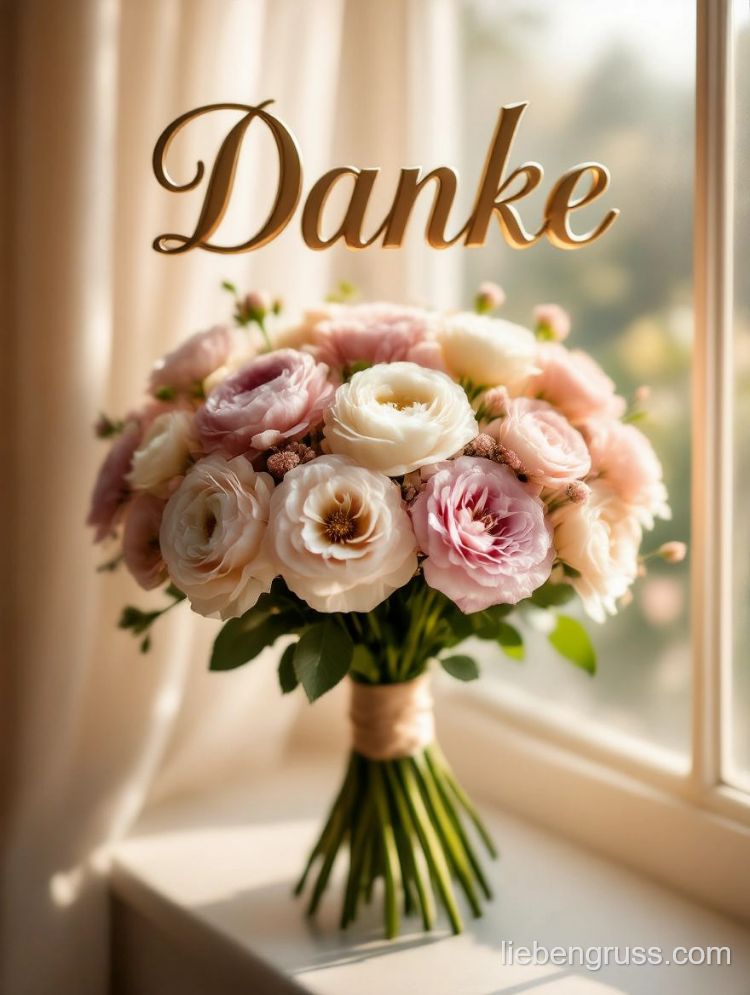 Blumenstrauß mit rosa und cremefarbenen Rosen, „Danke“ in Gold über dem Strauß.