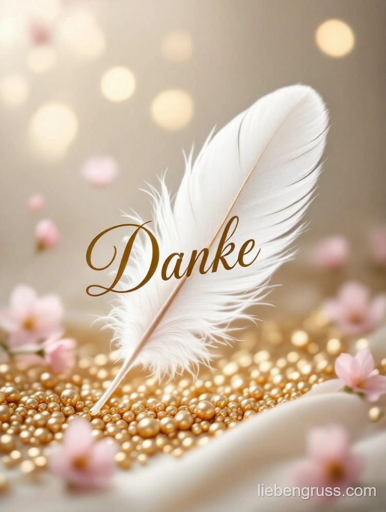 Weißes Feder mit 'Danke' auf goldenen Perlen