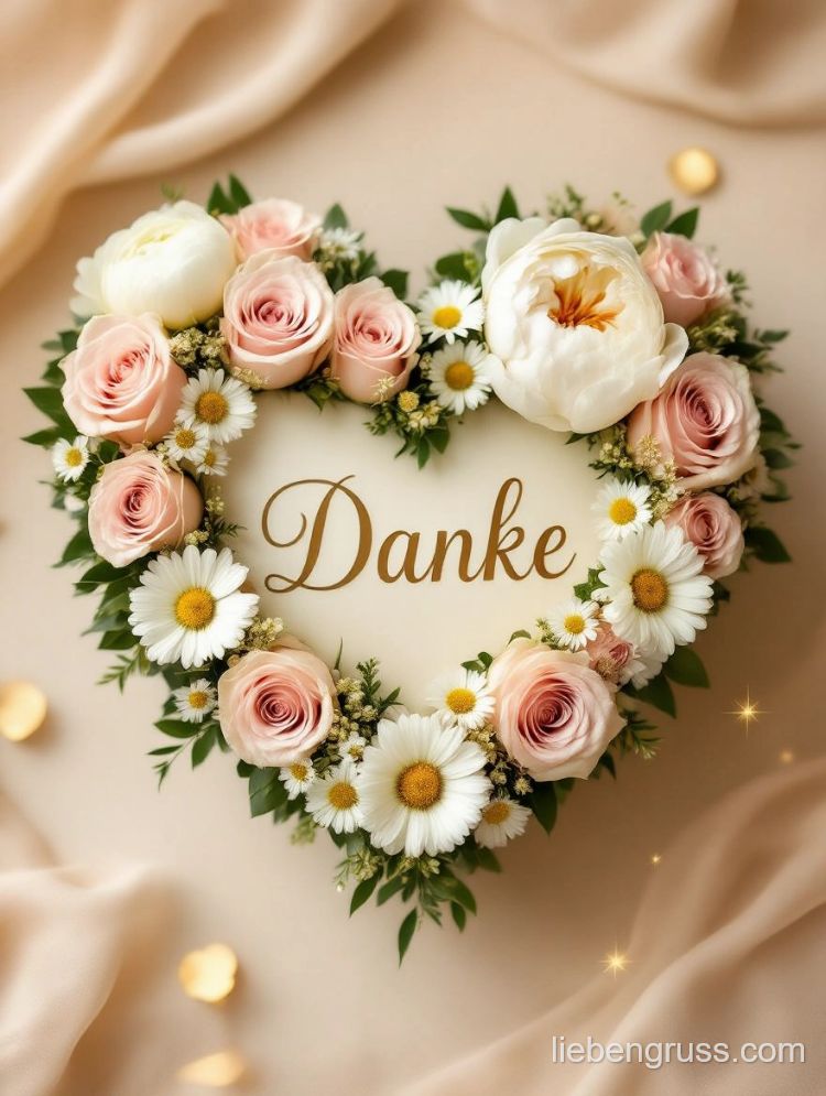 Herz aus Rosen und Blüten umschließt Danke
