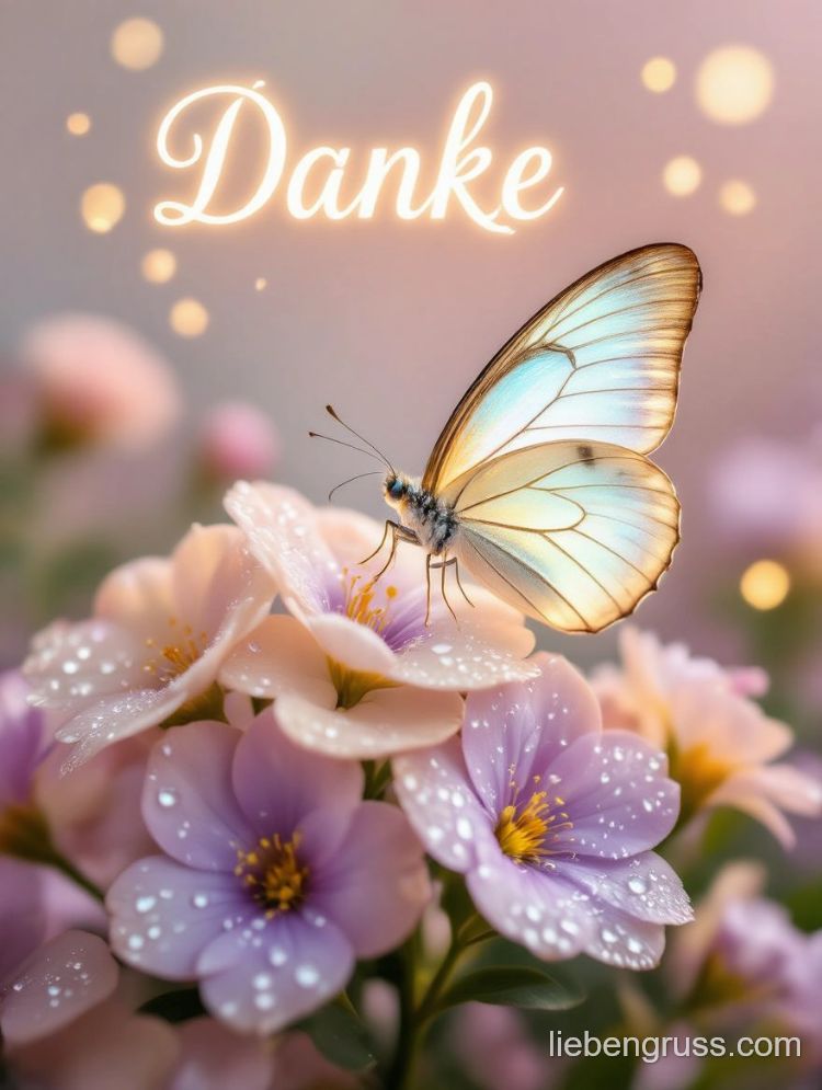 Blauer Schmetterling sitzt auf Blüte, daneben steht „Danke“