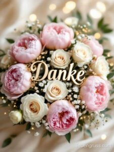 Blumenstrauß mit Pfingstrosen und Danke-Schriftzug