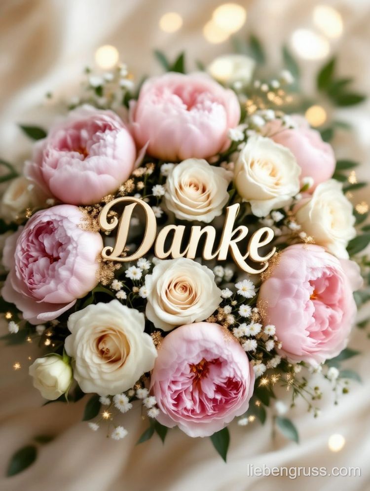 Blumenstrauß mit Pfingstrosen und Danke-Schriftzug
