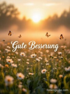Blumenfeld mit Schmetterlingen und Sonnenuntergang. Text: „Gute Besserung“.