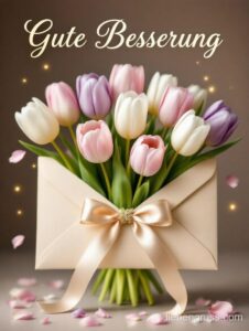 Tulpenstrauß in Schachtel mit Satinschleife und Wunsch „Gute Besserung“