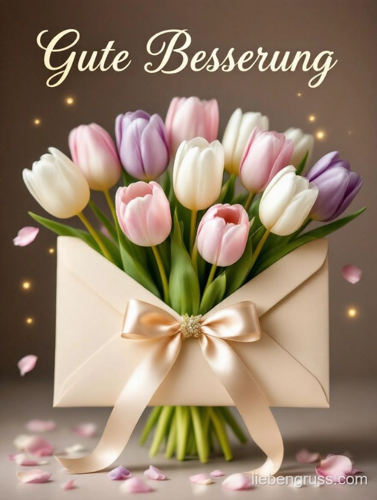 Tulpenstrauß in Schachtel mit Satinschleife und Wunsch „Gute Besserung“