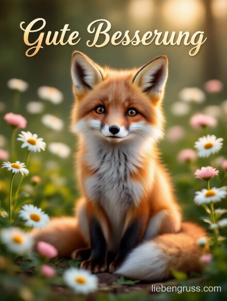 Fuchs sitzt im Gras unter Sonne, umgeben von weißen und rosa Blüten.