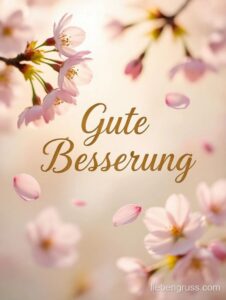 Blühende Kirschbäume mit goldener Gute-Besserung-Botschaft